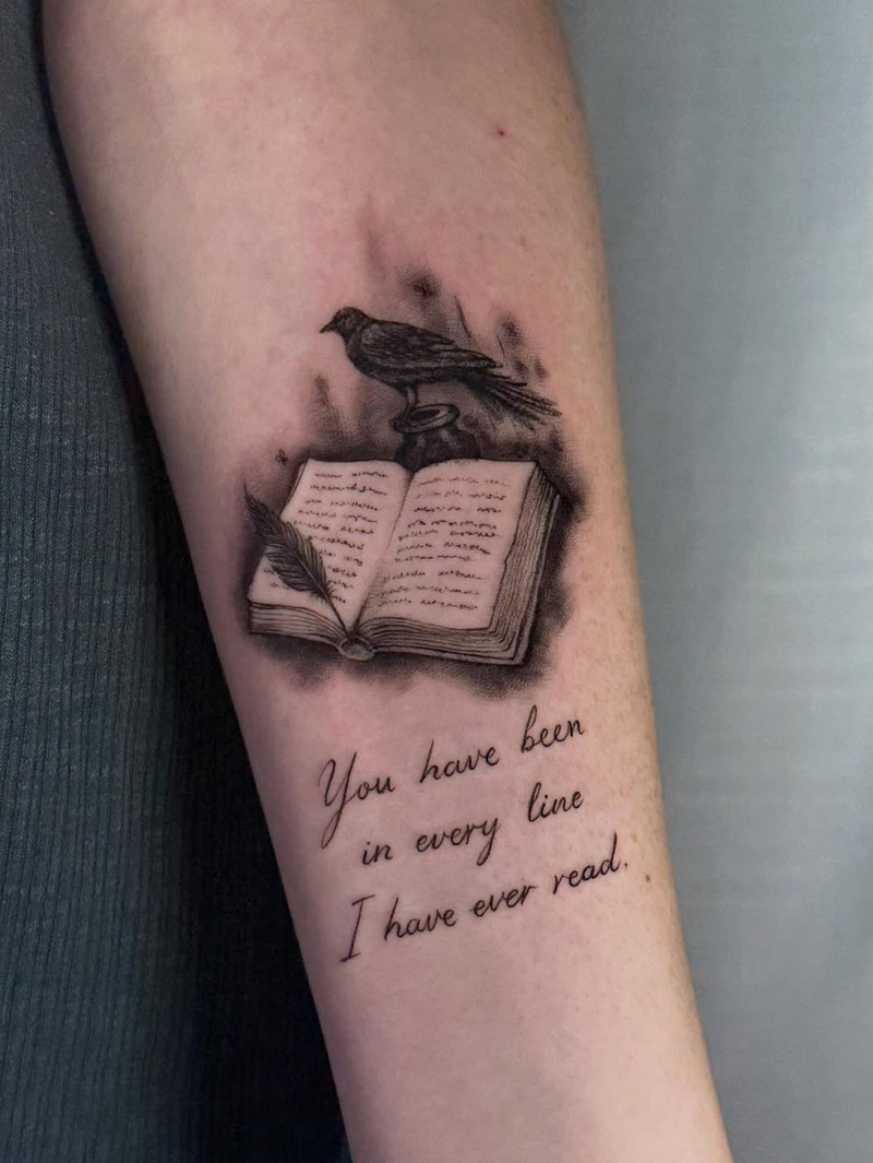 This tattoo has such a beautiful energy: romantic, literary, dark yet delicate. 